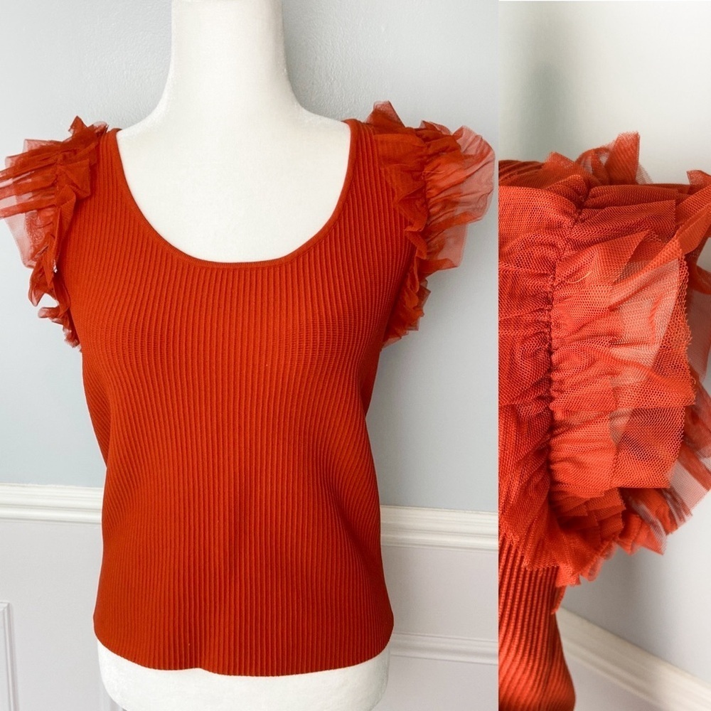 Bailey 44 Tulle Sleeve Tank Top Copper Ribbed Scoop Neck Size Large